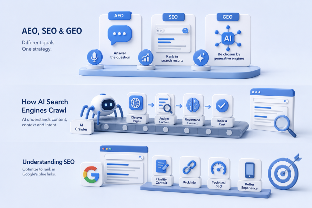 AEO vs SEO vs GEO: Understanding the Shifts in AI Search Engine Crawling